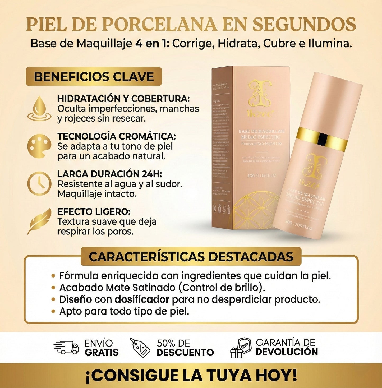 Base de Maquillaje 4-in-1 Antiedad con SPF 50 - La base profesional que se adapta a tu tono de piel